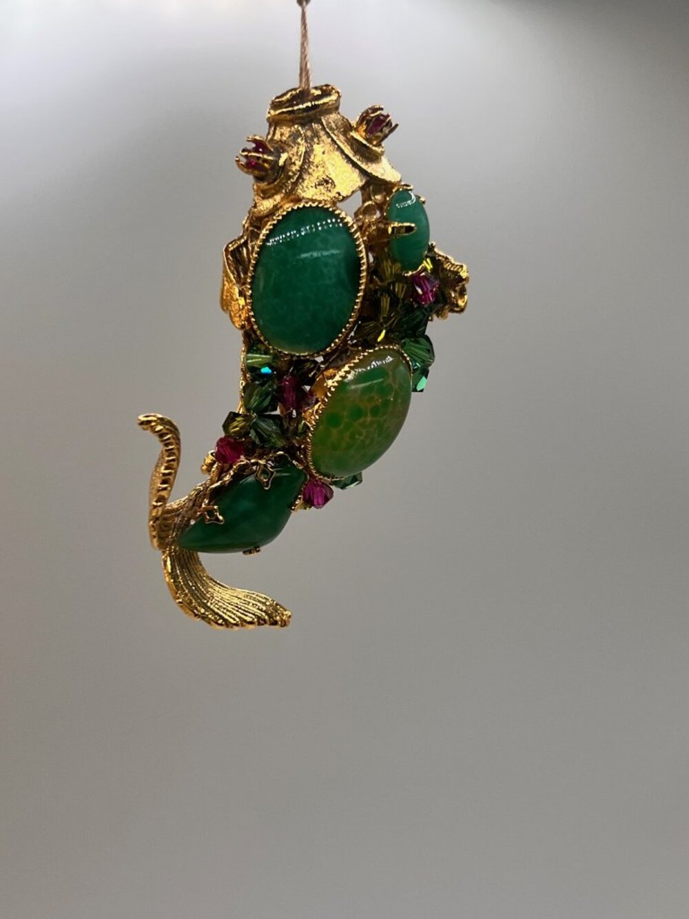 Hattie Carnegie Koi Fish Brooch Gold Plated Carved Green Stones Rhinestones